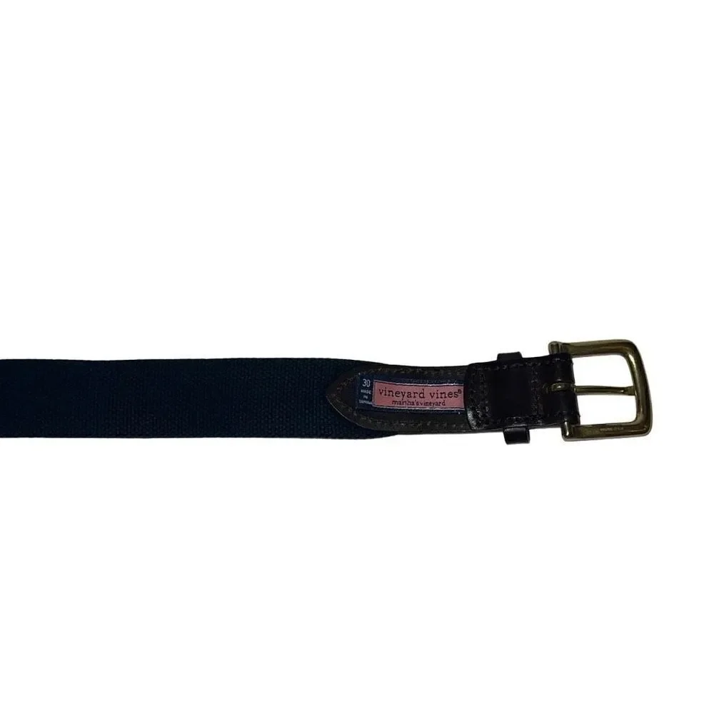 Vineyard Vines Men’s Whale Adjustable Belt Logo Silk Leather Blue Brown Sz 30